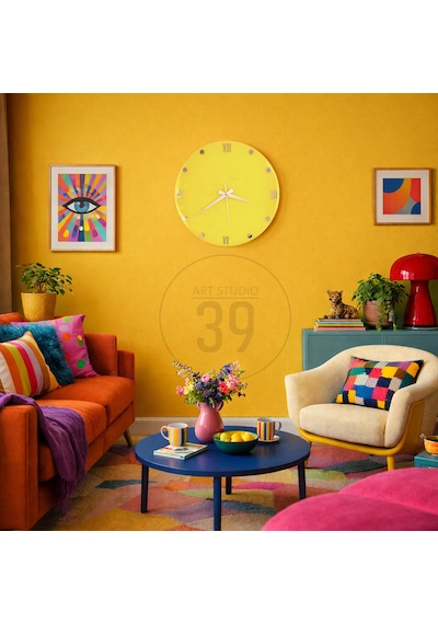 Dekoratif Epoksi Duvar Saati 40 Cm, Neon Sarı Modern Tasarım, Gümüş Detaylı, Sessiz Mekanizma, Yeni Ev Hediyesi Sarı