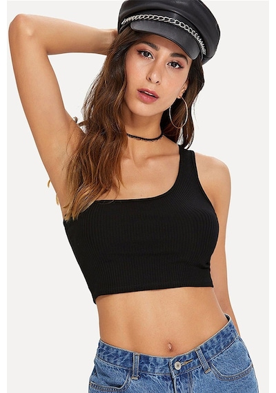 Moon Wear Kadın Siyah Tek Omuz Crop Büstiyer Siyah