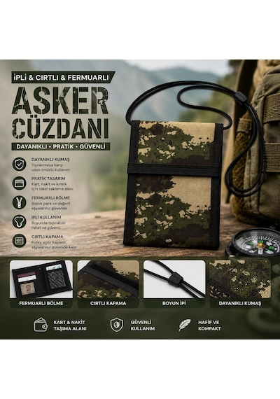 Tuğraçelik Mkm 02-90-09 Ask-100 3. Seri İpli Cırtlı Fermuarlı Asker Cüzdanı Kamuflaj Desen- 10'li Paket