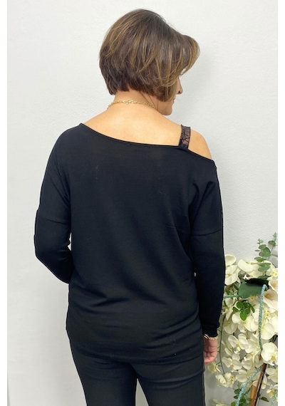 Mia Butik Büyük Beden Kahve Tek Omuz Leopar Detaylı Bluz-1583 Gri