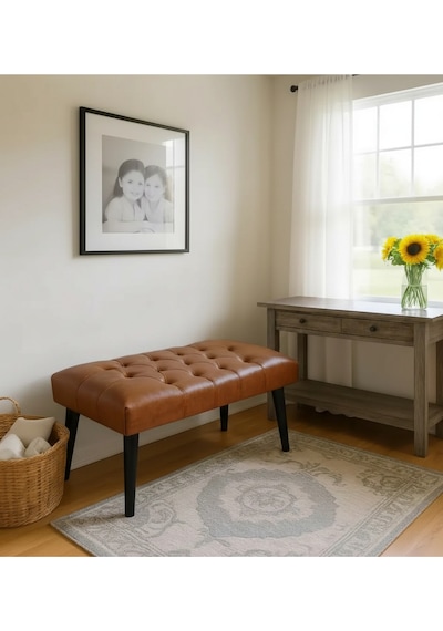 Waterybrook Bench Bank Puf - Suni Deri - Siyah Ahşap Ayaklı - Retro Modern Tasarım & Dekoratif Sehpa Taba Kahve