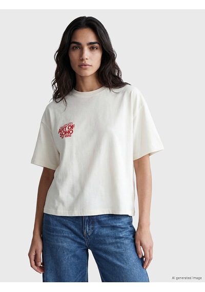 Lcw Vision Ekru Nyc Baskılı Oversize %100 Pamuklu Kadın Tişört
