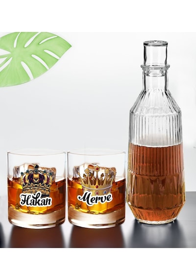 Bk Gift Kişiye Özel İsimli Dtf Kral Kraliçe Tacı Tasarımlı İkili Viski Kadehi Ve Karaf Seti, Arkadaşa Hediye, Sevgiliye Hediye Kobitmeyencom30433 Bk G