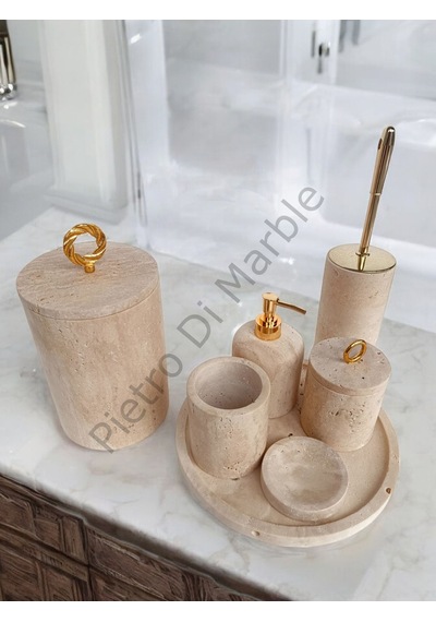 Sarı Traverten Klasik Model 7 Parça Gold Renk Halka Aksesuarlı Banyo Seti Sarı Traverten