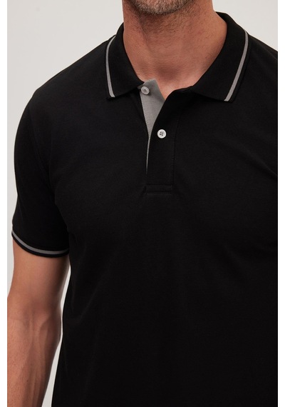 Tudors Erkek Slim Fit Dar Kesim %100 Pamuk Yumuşak Dokulu Serin Tutan Kumaş Düz Pike Siyah Polo Yaka Tişört-42246 Siyah