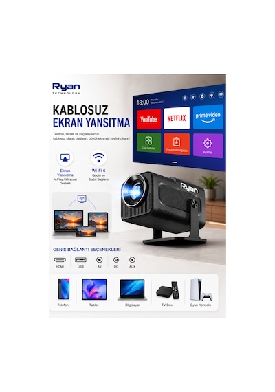 Akıllı Mini Projektör Ev Sinema Projeksiyon Cihazı 2gb Ram 16gb Rom Hy320