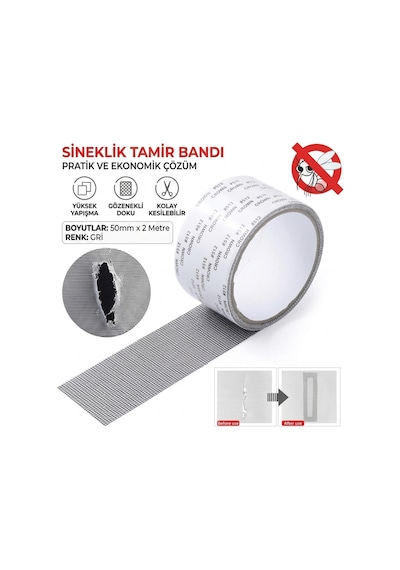 1 Adet Sineklik Yaması Tamir Bandı 50mm X 2mt , Yama Tamir Kiti Yırtık Kopmuş Delik Tül Yapıştırma