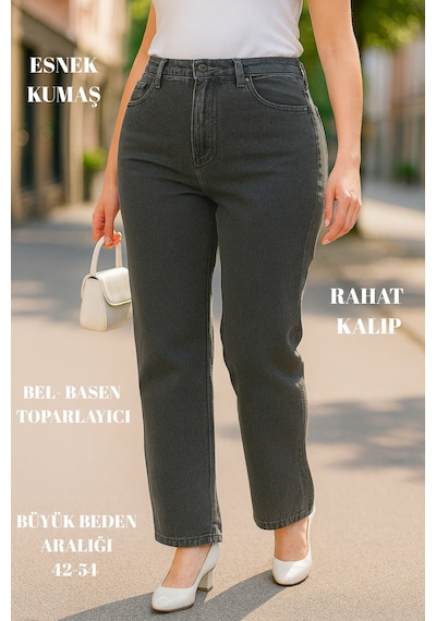 Cedy Denim Cedy Denım - Kadın Büyük Benden Boru Paça Yüksek Bel Regular Fit Likralı Pantolon C626 Gri