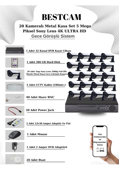 20 Kameralı Metal Kasa Set 5 Mp Sony Lensli 4k Ultra Hd 500 Gb