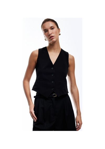 Koton Krep Scuba Kumaş Astarlı Slim Fit V Yaka Kolsuz Düğmeli Yelek Siyah 5sak30090ek