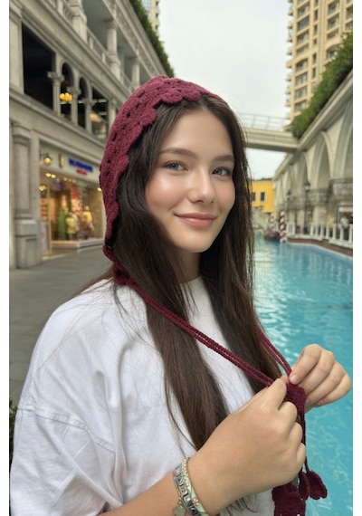 Mollycrush Yazlık Örgü Saç Bandı Bordo Çiçek Motifli Model Yazlık Şık Hair Band Bordo