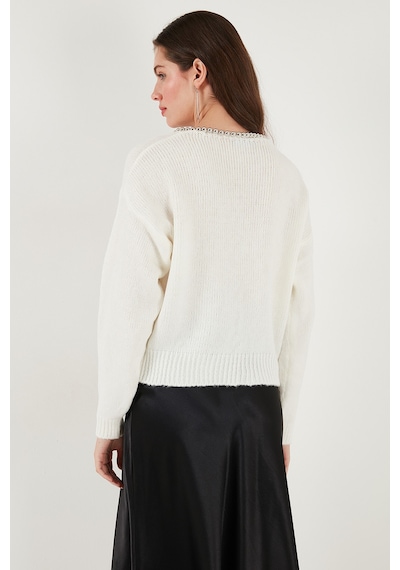 Lela Premium Boncuk Ve Fiyonk Detaylı Regular Fit V Yaka Triko Bayan Hırka 680Hi00180 Ekru