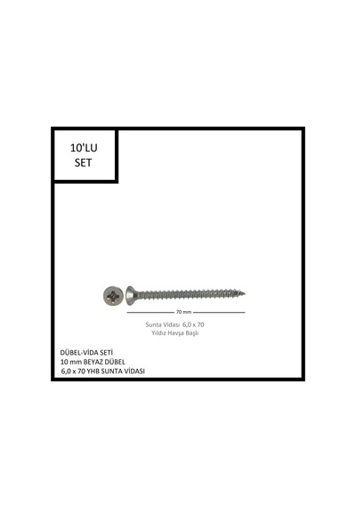 Dübel-vida Seti, Beyaz Dübel 10 Mm, 6,0x70 Yhb Sunta Vidası, 10 Adet