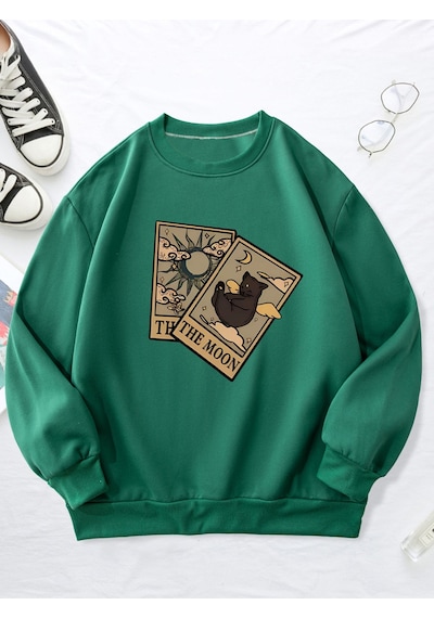 Uyguntarz Unisex Tarot Kart Baskılı Oversize Sweatshirt Yeşil