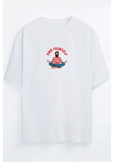 Yoga Waldo - Find Yourself Unisex Siyah - Beyaz Oversize T-shirt Beyaz