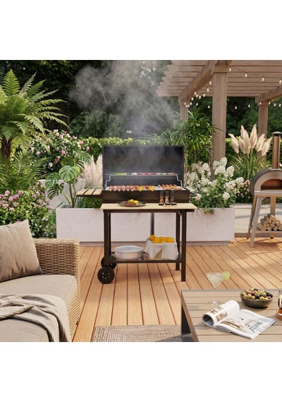 Zln3594 Kömürlü Mangal & Barbekü Taşınabilir Ahşap Raflı Diğer