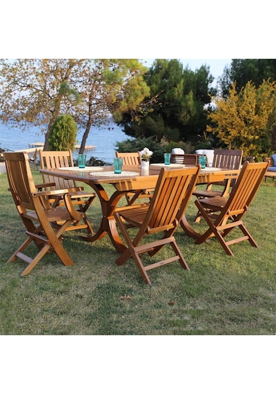 Avşa Ahşap Bahçe Takımı: 80x140+40 Masa + 6 Katlanır Sandalye Acı Kahverengi Avşa Ahşap Bahçe Takımı: 80x140+40 Masa + 6 Katlanır Sandalye Acı Kahverengi