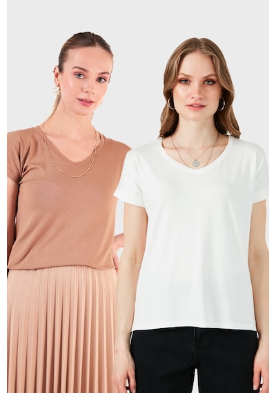Lela V Yaka Relaxed Fit Yırtmaç Detaylı 2'Li Paket Bayan Bluz 5862000S2 Ekru-Bisküvi