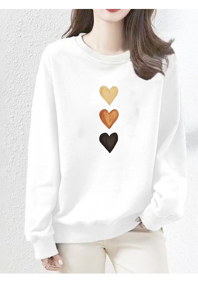 Uyguntarz Unisex Sirali Kalpler Baskılı Tasarım Oversize Sweatshirt beyaz