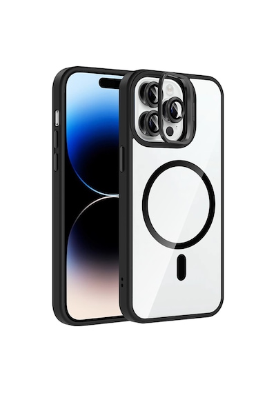 Apple Uyumlu iPhone 14 Pro Max Kılıf Standlı Ve Kamera Lens li M-safe Şarj Özellikli Zore Etro Kapak Siyah
