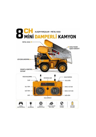 Şarjlı Mini Metal Kamyon 1:64 Ölçek Uzaktan Kumandalı Kamyon Metal 8 Kanallı Full Fonskiyonlu Sarı
