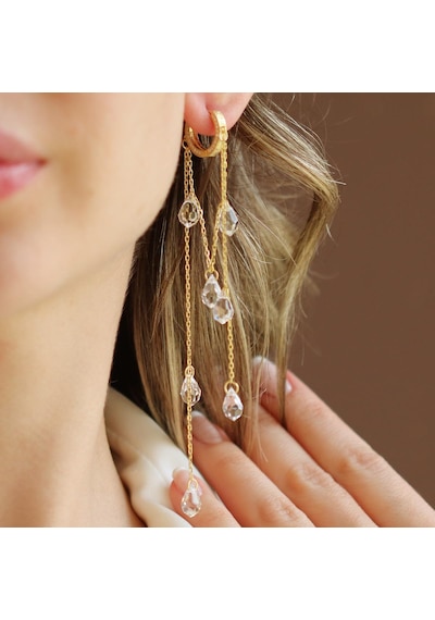 Damla Sallantılı Kristal Gold Gümüş Küpe Gümüş