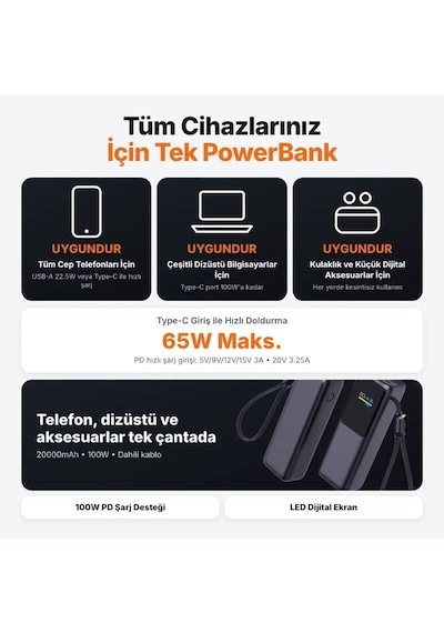 Dr-07 20000mah 100w Hızlı Şarj Powerbank Dijital Ekranlı Dahili Type-c Kablolu Dizüstü Uyumlu Gri