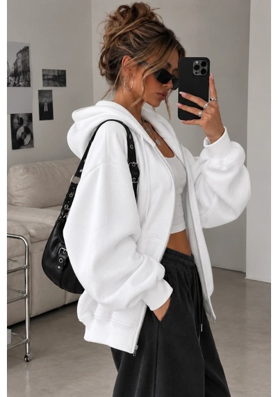 Cool Tarz Kadın Oversize Kapüşonlu Fermuarlı Sweatshirt 3 İplik Şardonlu Cepli Beyaz Beyaz Cool Tarz Kadın Oversize Kapüşonlu Fermuarlı Sweatshirt 3 İplik Şardonlu Cepli Beyaz Beyaz