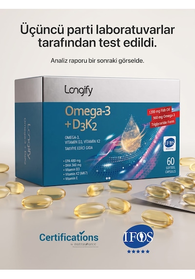 Longify Omega 3 + D3K2 IFOS Onaylı Yüksek EPA & DHA Vitamin D3 Vitamin K2 MK7 Vitamin E Balık Yağı 60 Yumuşak Kapsül