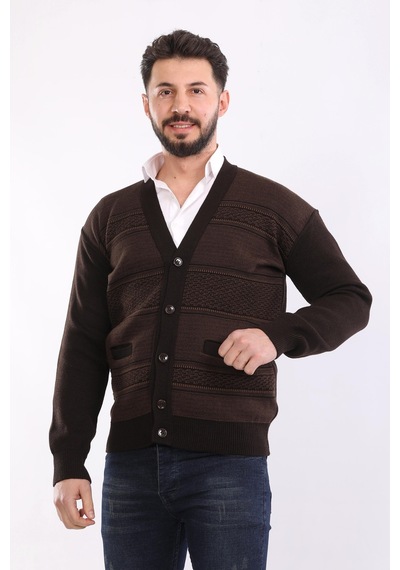 Kzctekstil Erkek Baba Triko Örgü Çift Cepli Akrilik Klasik Fit Düğmeli Hırka Kahverengi
