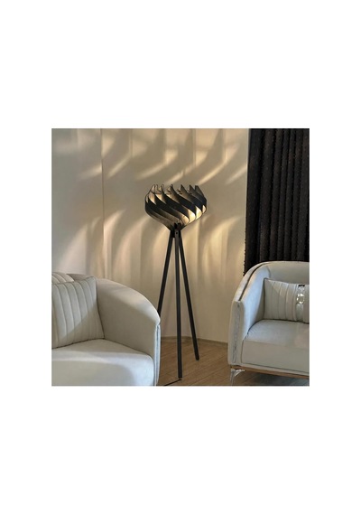 Tr Modern Ahşap Tripod Lambader Dekoratif Salon Köşe Lambası Siyah Diğer