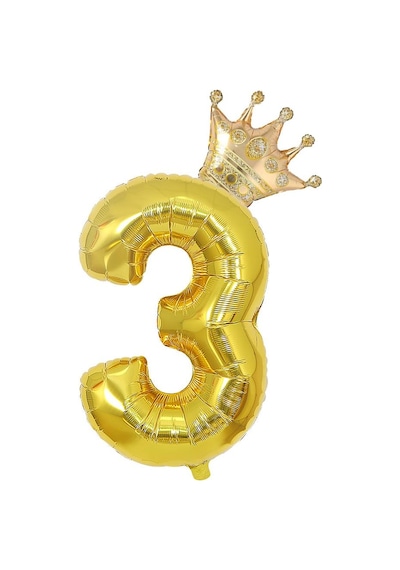 3 Gold Rakam ve Kral Tacı Folyo Balon Doğum Günü Parti Kutlama Seti