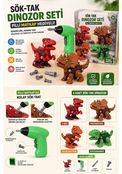 Sök Tak 4'lü 14cm Dinozor Oyuncak Seti Vidalı Montajlı Eğitici Oyuncak + Pilli Matkap İle