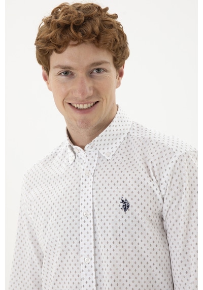 U.S. Polo Assn. Erkek Bej Baskılı Beyaz Gömlek 50288677-VR085 U.S. Polo Assn. Erkek Bej Baskılı Beyaz Gömlek 50288677-VR085