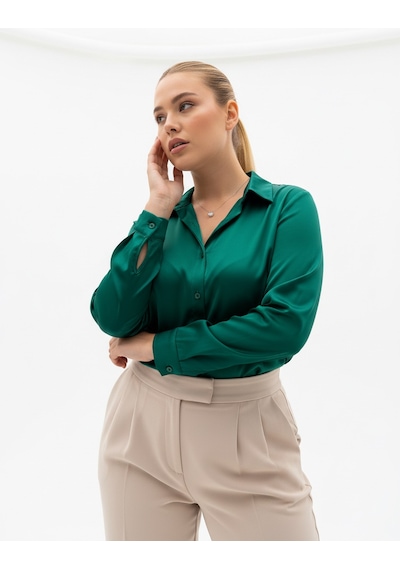 Pera Moda Büyük Beden İpek Saten Klasik Gömlek Benetton Yeşili