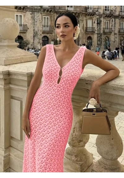 Buğrahayalin Kadın Askılı V Yakalı Uzun Triko Elbise Pembe