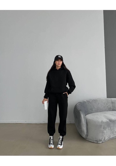 Baskısız Eşofman Takımı Sweatshirt Jogger - Siyah Oversize Şardonlu Kapüşonlu Siyah
