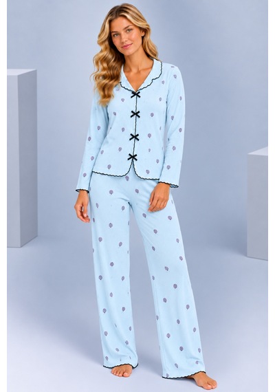 Pijamask Kadın Desenli Fiyonk Detaylı Düğmeli Uzun Kollu Müslin Pijama Takımı Mavi