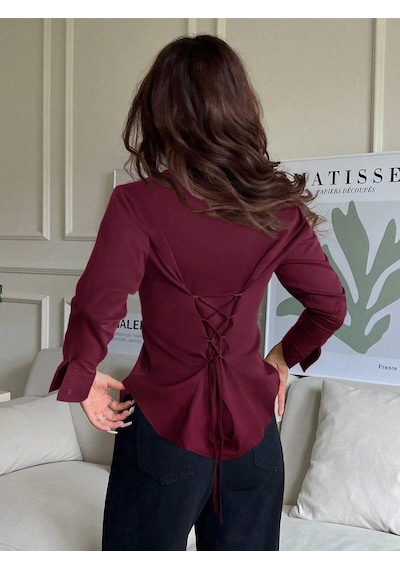 Kadın Arkası Bağcıklı Gömlek Slim Fit Günlük Ve Ofis Kombin Modern Tasarım Bordo