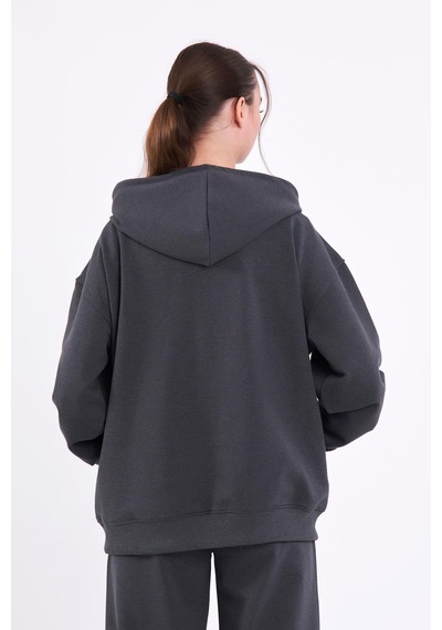 Mmetalic Antrasit Kanguru Cepli Kapüşonlu Fermuarlı Oversize Kadın Sweatshirt Cmrb73-antrasit Antrasit