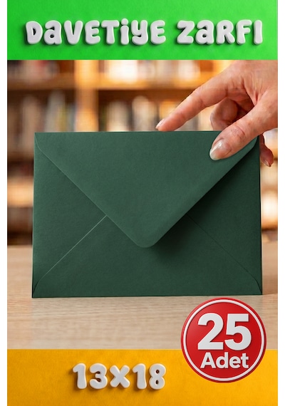 25 Adet 13x18 Cm Premium Kalite Davetiye Zarfı Yeşil