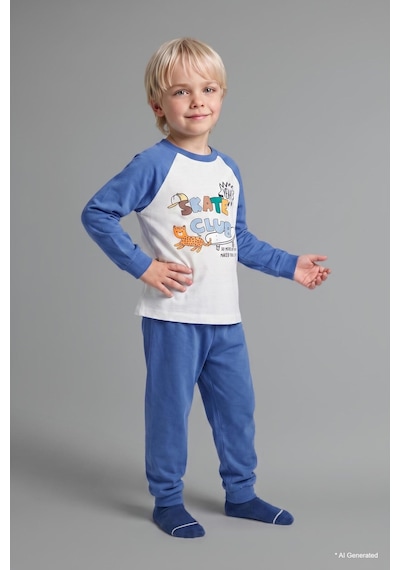 Defacto Baskılı Uzun Kollu Üst Elastik Bel Alt 2li Pijama Takımı Erkek Bebek H6538a526aube358 Mavi-be358
