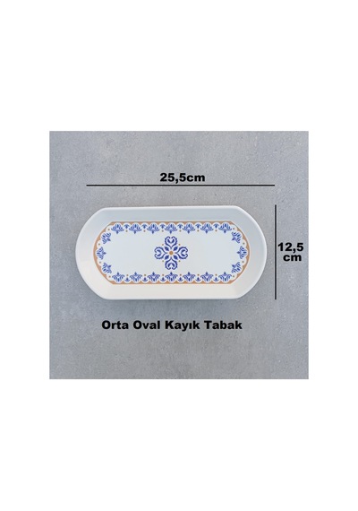 Ottoman 3 Adet Seramik Orta Boy Oval Kayık Kahvaltı Sunum Tabağı - 12,5x25,5cm Mavi