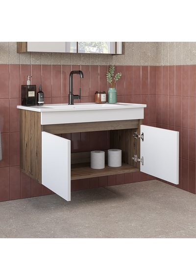 '' Lavabolu '' Mat Mdf 80 Cm Banyo Alt Dolabı Beyaz - Atlantik Çam