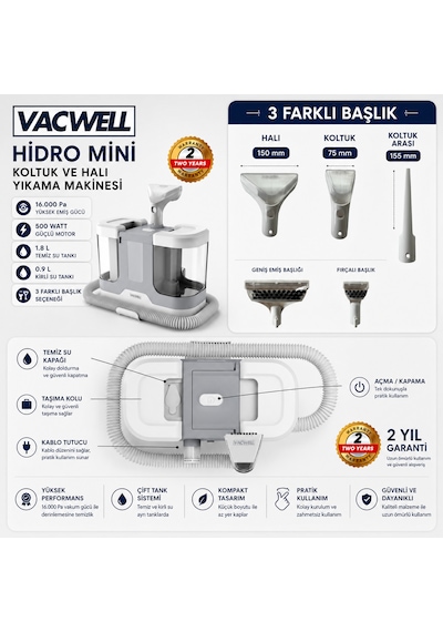 Vacwell Hidro Mini Koltuk Ve Halı Yıkama Makinesi 500 Watt 16 Kpa 3 Başlıklı