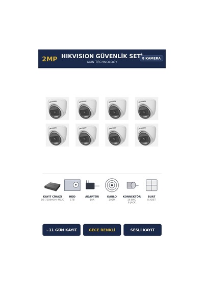 Hikvision 8 Kameralı 2mp Güvenlik Kamera Seti Colorvu Gece Renkli 1tb 11 Gün Kayıt Dome İç Mekan