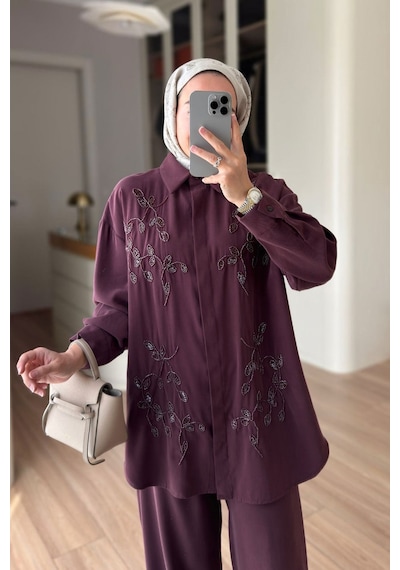 Ka Hijab Boncuk İşlemeli İkili Takım - Mürdüm