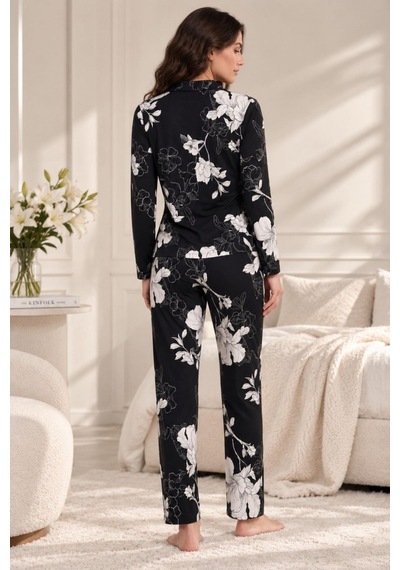 Gd Goldoremi 30163 Kadın Premium Uzun Kollu Önden Düğmeli Pijama Takım Siyah