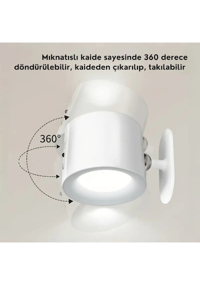 Led Kablosuz 360 Dönen Şarjlı Yatak Başı Çalışma Masası Ledli Duvar Aplik 3 Renk Işıklı Gece Lambası Çok Renkli