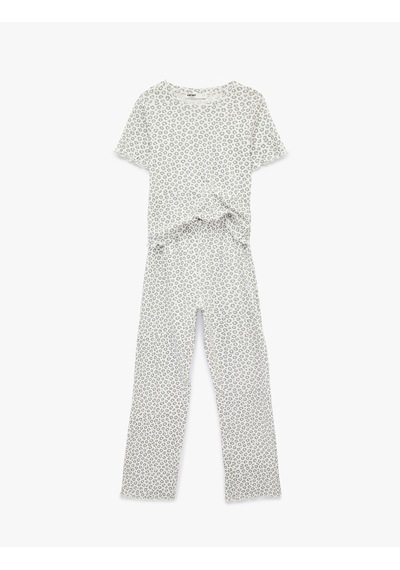 Koton Pamuklu Kısa Kollu Bisiklet Yaka Leopar Desenli Pijama Takımı Gri Desenli 6slk40111mk